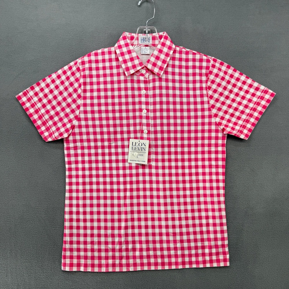 Leon Levin Polo Shirt Pink Gingham Womens Small Short Sleeve Preppy New